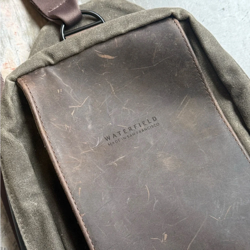 Waterfield San Francisco Sutter Brown Waxed Canvas Leather Sling Bag - Picture 3 of 6